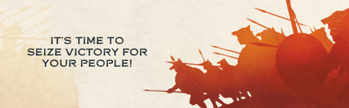 A footer banner illustrated with the silhouettes of a charging ancient Roman army in red alongside the words "IT'S TIME TO SEIZE VICTORY FOR YOUR PEOPLE!"