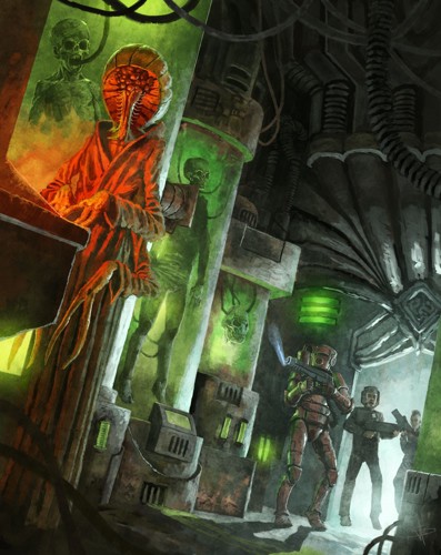 An illustration of a tall half-fungal, half-insectoid alien standing in front of a row of experiment tanks filled with corpses. In the background an armed unit of futuristic soldiers is entering the room.