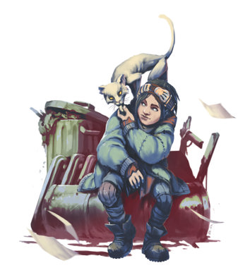 An illustration of a street urchin crouched on a hunk of broken mechanical technology, feeding an emaciated cat