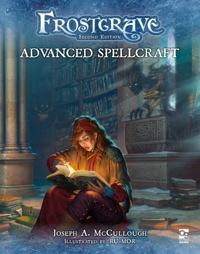 The cover of Frostgrave: Advanced Spellcraft, with art depicting a woman sat reading a glowing tome in an ancient library with spectral shadows emerging behind her