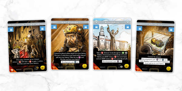 A sample spread of cards from the Magyar deck from Imperium: Horizons, titled left to right: Conversion to Christianity, Saint Stephen I, Bishoprics and Holy Right