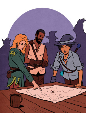An illustration of fantasy adventurers pointing at a map in a tavern
