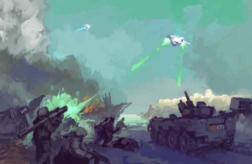 An illustration of a sci-fi battle: human troops with a rocket-launcher, and a tank are moving forward in the foreground while smoke rises from the horizon and two alien craft fly towards them shooting green energy.