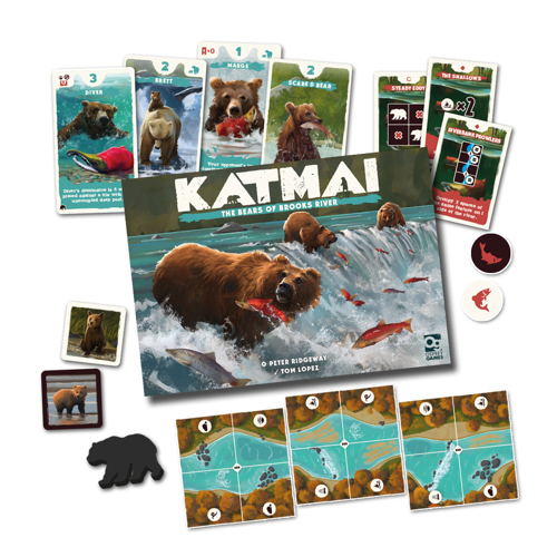 An image with the board game box of Katmai, with cover art depicting brown bears catching salmon in a river, surrounded by sample game components: illustrated bear cards with different names and abilities, river tiles, salmon and cub tokens, and a bear meeple
