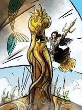 An illustration depicting an Atlantean warrior holding a trident and standing atop an elaborate ship's prow