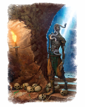 An illustration of an animated corpse standing in catacombs littered with skulls. Serpents are writhing out of the corpse's wounds and eye sockets.