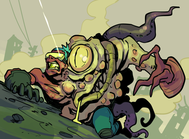 An illustration of a horrific mutated monstrosity with tentacles, multiple limbs and one central eye