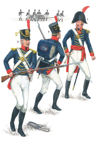 An illustration of US Marines from the early 18th century in fully uniform and armed with muskets and swords