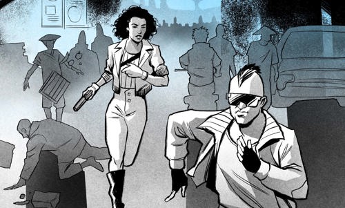 An illustration of a woman chasing a man through the streets of a crowded futuristic city