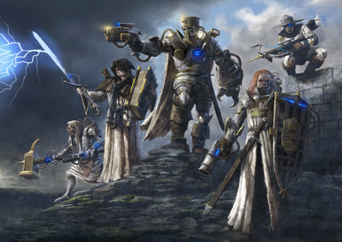 An illustration of a band of high-tech, knight-like figures, armed with a mix of medieval and futuristic technology ranging from hammers and crossbows to guns and a sword crackling with electrical energy
