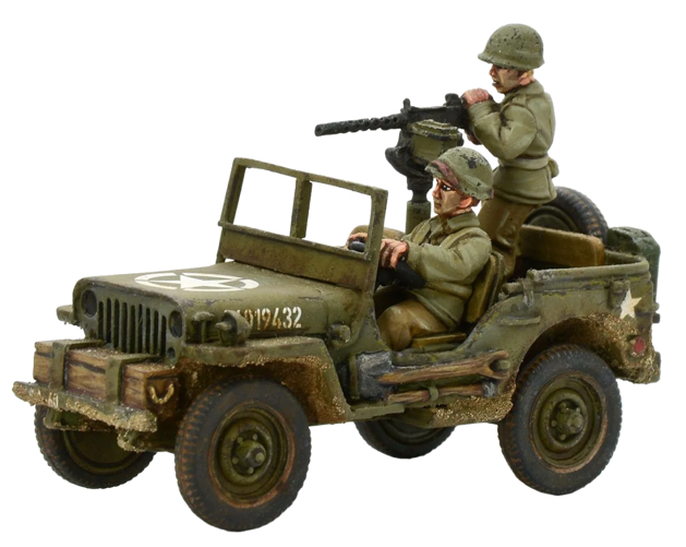 A photo of a fully painted miniature figure of a WW2 jeep with a mounted machine gun and its crew