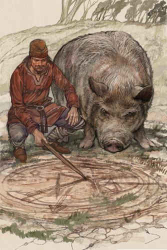 An illustration of a man tracing an arcane symbol in the dirt alongside a massive pig