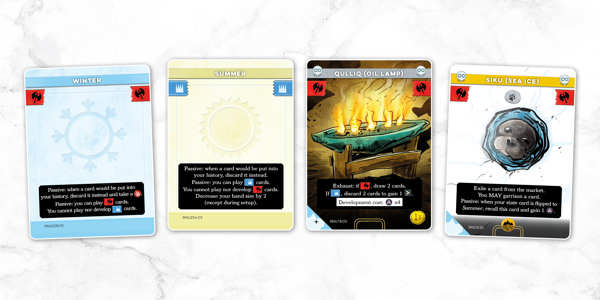 A sample spread of cards from the Inuit deck of Imperium: Horizons, named left to right: Winter, Summer, Qulliq (Oil Lamp) and Siku (Sea Ice)