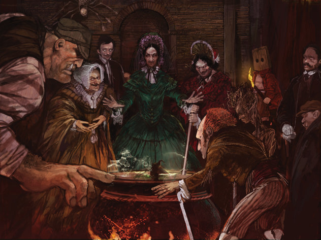 An illustration of a group of crone-like witches in Victorian dress around a bubbling cauldron, attended by various monstrous minions