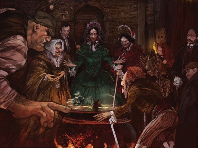 An illustration of archetypal hag-like witches in Victorian clothing gathered around a bubbling cauldron and attended by various minions included ogres, spider creatures and wicker constructs. In the background is a child with a sackcloth mask and a flaming torch.
