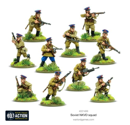 A photo of fully painted miniature NKVD figures for the Bolt Action WW2 wargame from Warlord Games