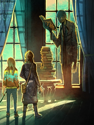 An illustration of two modern human figures standing in a spooky room facing down a supernatural being. The being is humanoid but twice their height, with a mostly featureless head and glowing yellow eyes. It is holding a book covered in occult symbols up to its face and appears to be reading.