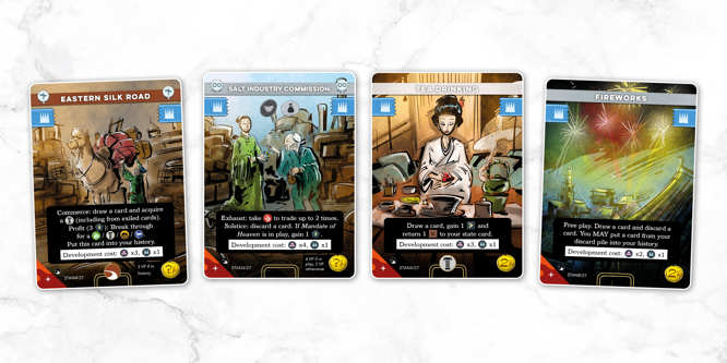 A sample spread of cards from the Tang deck of the board game Imperium: Horizons, named Eastern Silk Road, Salt Industry Commission, Tea Drinking, Fireworks