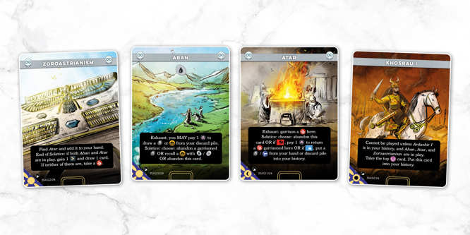 A selection of sample cards from the Sassanid deck of Imperium: Horizons, named left to right: Zoroastrianism, Aban, Atar, Khosrau I