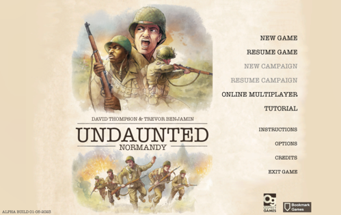 A screenshot of the main menu of Undaunted: Normandy Digital, with art from the original board game in the background and various options such as new game, resume game, online multiplayer and tutorial down the righthand side
