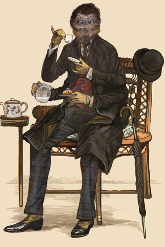 An illustration of a humanoid spider, bipedal but with four arms and a spider's head, wearing a long Victorian coat and a waistcoat, sat pouring a cup of tea with its many arms