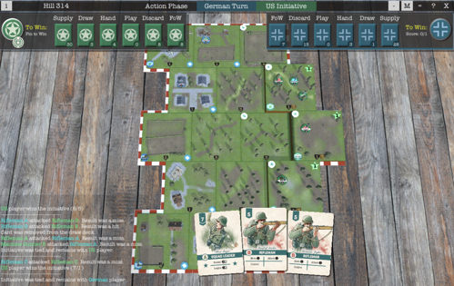 A screenshot of a game of Undaunted: Normandy Digital showing the board rendered in 3D and a UI showing the active player's hand all the key information including the numbers of cards in supply, discard, deck etc.