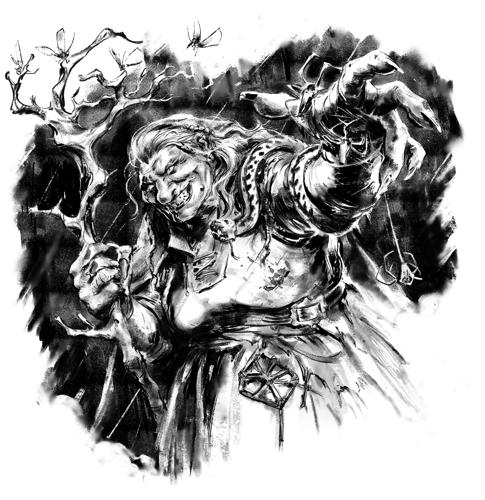 A black-and-white illustration of a wizened old forest witch holding a gnarled wooden staff and stretching out her hand.