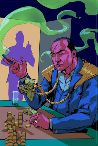 A man with a scar over one eye and a cigar in his hand sat at a gambling table with notes, coins and a drink stacked up in front of him. Two slender mechanical arms extend from inside his jacket and hold a wad of cash.