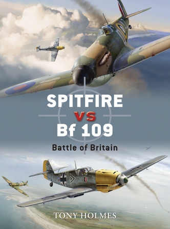 The cover of Spitfire vs Bf 109, with art showing those two WW2 airplanes engaged in a dogfight