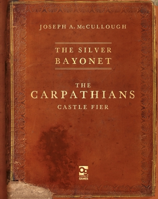 The cover for The Silver Bayonet: The Carpathians,  stylised to look like a tattered and bloodstained antique book