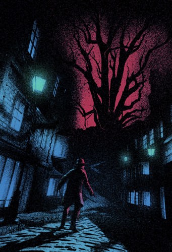 An illustration depicting a figure in a trench coat and hat walking down a street with old-fashioned lampposts, all bathed in blue tones, while at the end of the street in the distance a black, leafless and twisted tree is surrounded by red and towers over everything else