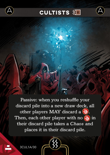 A card from the board game Imperium: Horizons titled Cultists and with art depicting a council of red-robed figures gathered around one of their number enthroned and holding aloft a glowing blue staff
