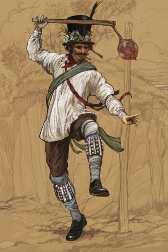 An illustration of a man dancing along in traditional English May Day attire