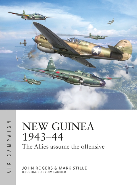 New Guinea 1943–44 with art of a squadron of planes flying over the coast