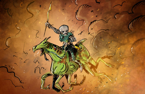 An illustration of a stereotypical grey alien riding a green, eight-legged horse through a cloud of dust, armed and armoured with ancient-looking weaponry