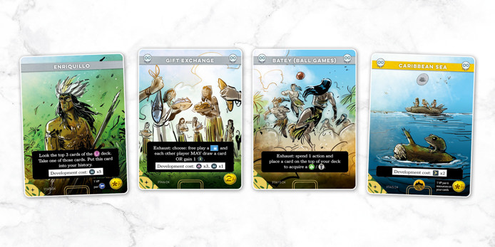 A spread of sample cards from the Taino deck for Imperium: Horizons, named left to right: Enriquillo, Gift Exchange, Batey (Ball Games) and Caribbean Sea