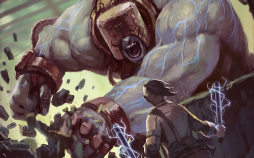 An illustration of a hulking giant with glowing-blue veins smashing their way towards a figure holding an electric baton in each hand