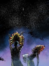An illustration of a pair of people in elaborate feather headdresses staring up at the starry night sky
