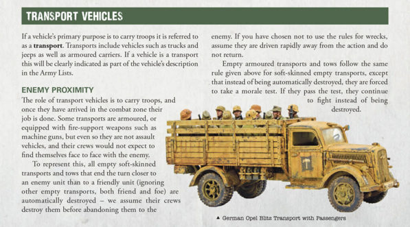 An extract from Bolt Action: Third Edition titled "TRANSPORT VEHICLES" next to a photo of a fully painted miniature of a WW2 truck filled with soldiers