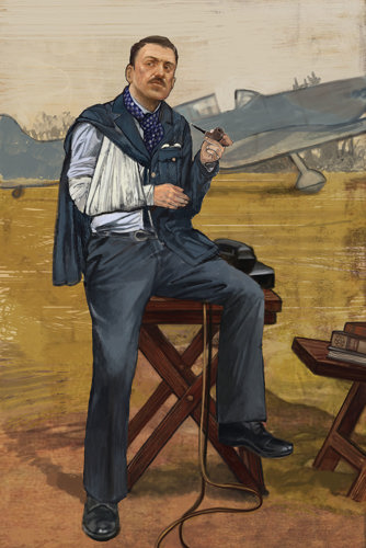 An illustration of a British WW2 pilot with one arm in a sling sat smoking a pipe