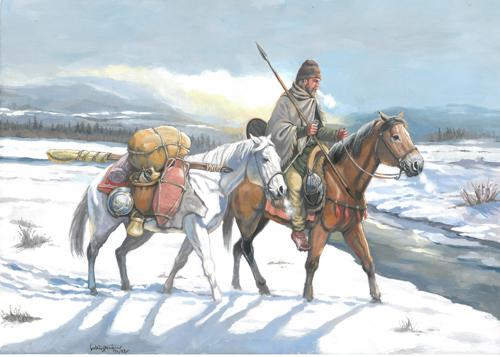 DACIAN CAVALRYMAN WITH PLUNDER, 1st CENTURY AD CROSSING A SNOWY LANDSCAPE