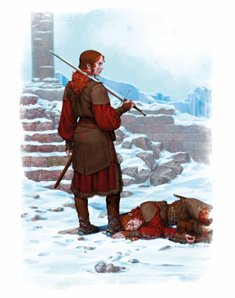 An illustration of a woman lying dead on the snow at the feet of a doppelganger who looks exactly like her and is holding a sword with a sinister smile