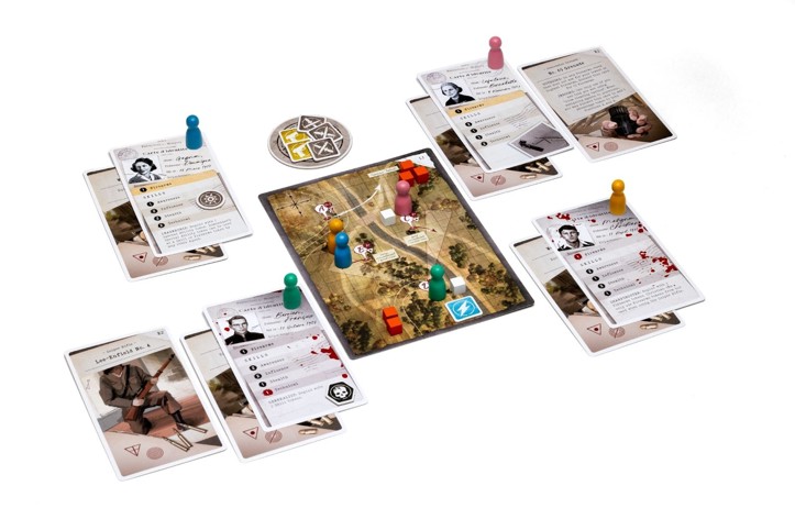 A photo of the final components of a War Story encounter map with agent cards, equipment cards, wooden pawns and various cardboard tokens