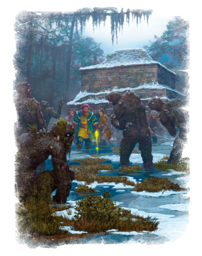 An illustration showing a group of adventurers outside a stone building in a snowy forest, surrounded by a mob of approaching petrified humanoid figures