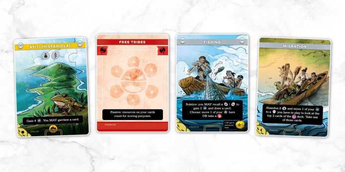 A spread of sample cards from the Taino deck for Imperium: Horizons, named left to right: Ayiti (Hispaniola), Free Tribes, Fishing and Migration