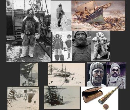 A collection of visual references: various old photographs and illustrations of Artic and Antarctic explores, their clothes, tools and vehicles