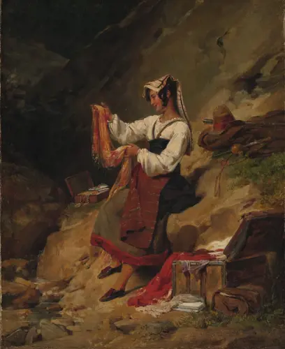 A period painting of a Calabrian brigand's wife in traditional dress inspecting various spoils of war