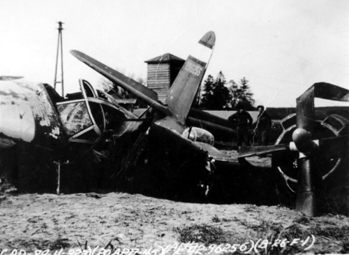 The wreck of James Vining’s B-26 Marauder, Ugly Duckling, after having been hit by an R4M fired from an Me 262 of JV 44.