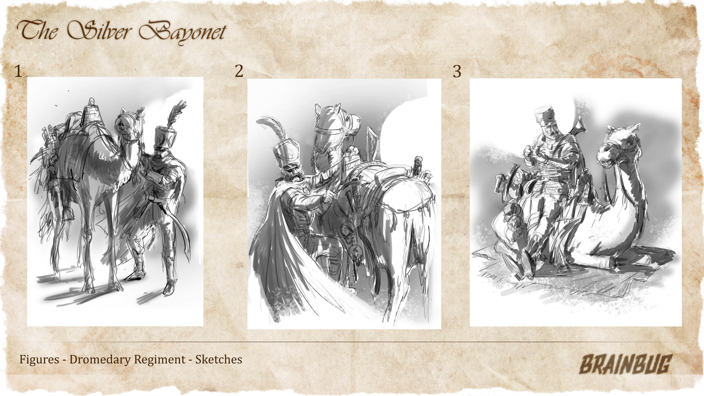 Three side by side concept sketches on the dromedary regiment illustration, showing him on different sides of his camel, leading or mounting it, or sat on it smoking