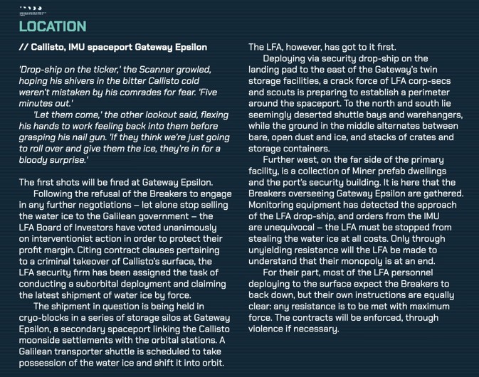 An extract from the Callisto scenario book showing a full narrative extract setting the scene